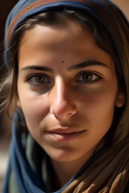 A twenty-two year old morrocan woman.with a short nose a little far from the camera