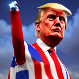 Realistic image of Donald trump super hero, retro style, watchmen style, red white blue colors, white stars, suspenders, latex material, 80s, vibrant color, highly detailed, sky background, concept art, unreal engine 5, god rays, ray tracing, RTX, lumen lighting, ultra detail, volumetric lighting, 3d, finely drawn, high definition, high resolution.