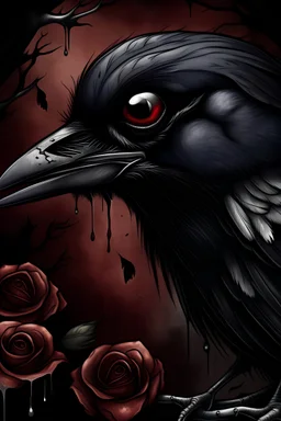raven with big eyes, dead rose, skinny man with big eyes crying, Burtonesque style, film poster, THE RAVEN (tittle)