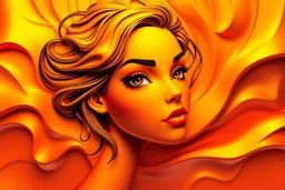 cartoon gold orange light yellow red abstract 3D wallpaper with woman face printed on it
