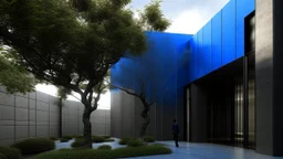 Modern dwelling of precisely stacked mineral volumes, light stone and black steel, exterior courtyard transformed into a contemplative dry garden with a single tree, side walls painted in intense blue as vibrating chromatic planes, a person walking slowly under overcast sun, architectural painting style like Peter Zumthor + Hiroshi Sugimoto.