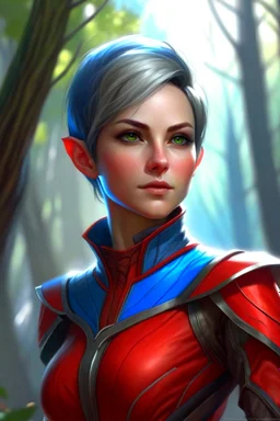 create an adult female air genasi from dungeons and dragons, black short hair, light blue eyes, wind like hair, wearing red leather clothing, realistic, from waist up, digital painting, high resolution, forest background, a bit zoomed out