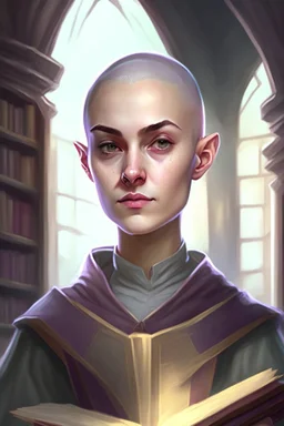 full color portrait drawing, fantasy setting, 22-year old female human cleric, shaved head, light eyebrows, grey eyes, background library