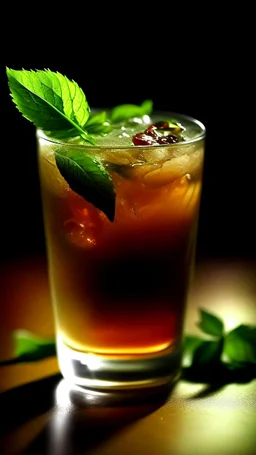 A refreshing glass of iced tea, with condensation glistening on the sides and a sprig of mint floating on top.