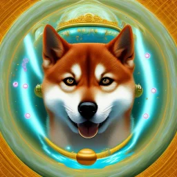 shiba inu swimming in a pool of heavenly orbs