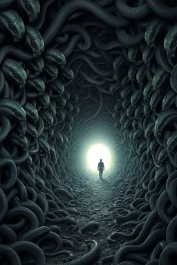 A surreal scene a tunnel-like structure filled with intertwined gray snakes heads , The tunnel is lined with countless writhing aliens bodies, creating a chaotic and nightmarish atmosphere. At the end of the tunnel, a solitary figure walks towards a distant light source, casting a glow that illuminates the scene. The overall color palette is muted with shades enhancing the ominous and unsettling mood. The level of detai