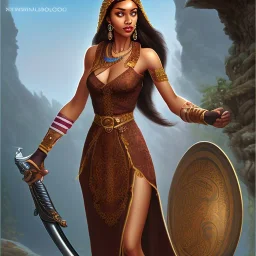 Woman, heroic fantasy, dark skin, indian, wavy brown hair