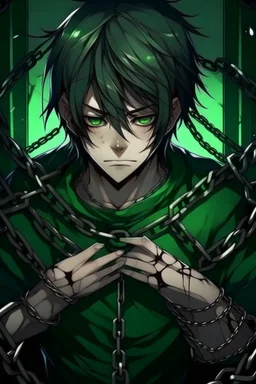 Boy in chains, cold and emotionless look coming from him, black hair, green eyes, Dark green background, a cut on his cheek, the bottom is full of chains, he is tied to his hands by handcuffs made by chains, anime style