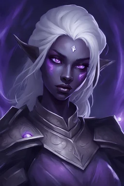 Dungeons and Dragons portrait of the face of a drow cleric of eilistraee. She has purple eyes, pale armor, white hair, and is surrounded by moonlight.