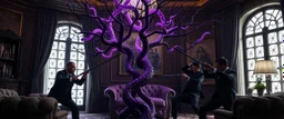 Some well dressed goths fighting each other with sticks to contain energy from floating chtonian dark purplish glowing snakelike tree made by twisted snakelike sticks creating weird geometric form in dramatic scene in luxury parlour in the style of Giger and Escher
