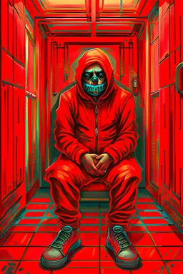 A scary gothic person sits quietly in the middle of a soundproof, padded room conveying intense dramatic emotions in a muted environment, wearing a bright red straitjacket , a mask to cover the mouth area of cannibal evil scary, dark and gothic look, cold eyes, eary ultra detailed,.32k, digital art style with messy paint, hardened sealer appearance, impasto, dramatic Arial view with explosive chaotic background