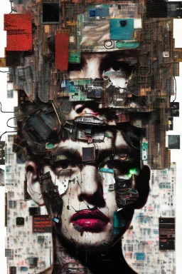 Ultra detailed medium portrait painting of anxiety , torn up collage of clippings, broken circuitry background, matrix effects, punk visual art, punk art aesthetic, graffiti art, pop surrealism, collage art, cluttered paint glitches