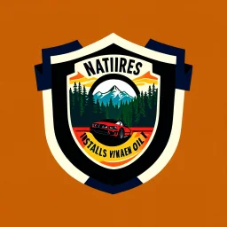 logo for a shop that installs tires and does oil changes, inside a shield shape, in the style of national parks stickers