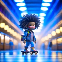 cute happy hairy chinese futuristic afro punk chat robot with skateboard photo shoot in big train hall, 8k, downlight, soft light, depth of field, photo realism, trending on art station, high detail, smoke and fog