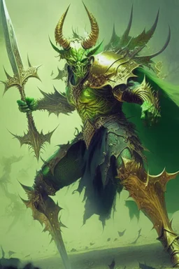 Demonio en armadura verde con dorado empuñando una lanza en un campo de guerra