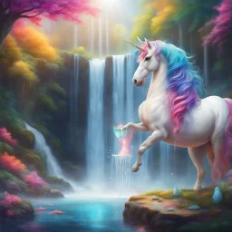 An open hand where a waterfall falls, a unicorn drinks from the water, everything in bright, bright colors. Refined in a fairytale way, inviting you to dream