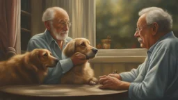 A hyper-realistic oil painting of a whimsical scene where a dog is engaged in deep conversation with an elderly man