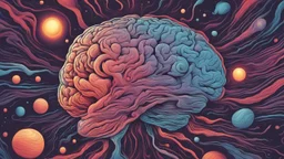 "Design a vibrant comic-styled artwork that captures the essence of a mighty brain, depicted as a tangible galactic entity. The brain itself should be intricately shaded to highlight its convoluted crevices, delicately lit by distant stars. The backdrop is to be an amalgamation of colourful swirling galaxies, with an array of vivid astronomical elements to instill a sense of cosmic vastness. The art should evoke a sense that the brain is masterfully conducting the celestial symphony of the entir