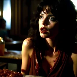 Horror movie shot, hot spooky, leech, shoulders, stunning, dining, huge breasi, ultra realistic, real, eerie, ultra realistic hot skinny woman, pieces of meat, Dario Argento, Stanley Kubrik, 1980's, ornate, 4k, photorealism, splatter horror, graphic, details of the skin extremely accentuated