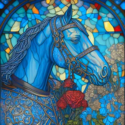 a vibrant stained glass art piece of a neppolian with his horse, blue motif, neploian dress, stained glass portrait with flowers, absurdres, masterpiece, highly detailed, high res, i can't believe how beautiful this is, cinematic, sharp focus --ar 12:16 --s 750 --style cute --niji 5