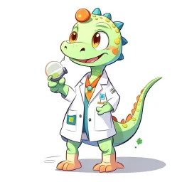 Cartoon illustration for children: Cute female dinosaurus in a white doctor's coat, holding a pincer