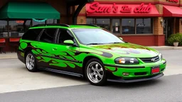 suped up 2004 chevy impala stationwagon green with black flames outlined with a thin red pinstripe, in front of Sam's club, SuperSport car, impressive, VIP, award winning, detailed