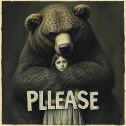 a giant bear hugging a young woman, sad, surreal, liminal atmosphere, with the word PLEASE