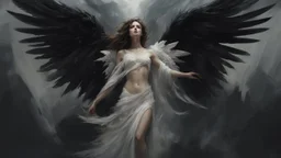 Dark and ethereal, the angel's black wings spread. Each wing carried with it an ancient story, a deep secret that hid in the shadows. cinematic detailed mysterious sharp focus high contrast dramatic volumetric lighting, :: mysterious and dark esoteric atmosphere :: digital matte painting by Jeremy Mann + Carne Griffiths + Leonid Afremov,, dramatic shading, detailed face