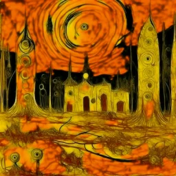 Yellow ruins with spirits designed in Australian aboriginal art painted by Vincent van Gogh