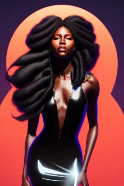 A portrait of a beautiful youthful black woman, with long black flowing hair, wearing a black skintight dress with a red scarf, wizard, magical, ethereal, Warm bright lighting. Concept art by wlop. Ultra quality 8k.