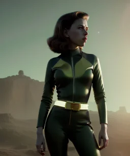 retro sci-fi portrait image from 1960, supermarket parking explosion, young Scarlett Johansson, classic black tight lycra latex suit, gold bracelet and belt, soft color, highly detailed, unreal engine 5, ray tracing, RTX, lumen lighting, ultra detail, volumetric lighting, 3d, finely drawn, high definition, high resolution.