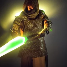 Detailed photo of a duster wearing hero, sword wielding,intricate Glowing d20