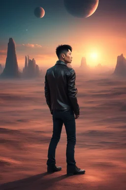 Clean cut asian man in a leather jacket on a strange planet looking at the sunset