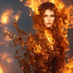 Woman with forest fire hair, heat lightening thoughts, tongue of polished amber and glass, hourglass waist, surreal, hyperdetailed, focused, vibrant colors