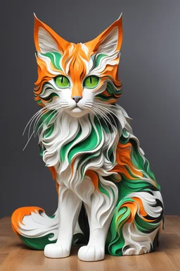 Pop art sculpture of a beautiful cat with long, wavy, thick hair, pointed ears, bright green eyes, orange, black and white colors, ultra quality, (((full body))), sitting on the floor