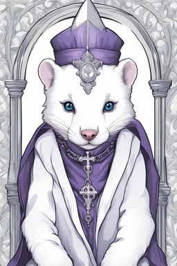 (anthropomorphic white ferret),dressed in ((cleric fantasy)) black and purple clothes with silver holy ornaments, realistic anatomy, holy symbols around, serious face, hold holy cross symbol, tired face, in the style of LOISH, look at the vivewer, blue eyes, cute face, 2d, ink lines, fantasy inspire