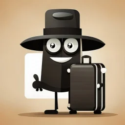 Social Media Design suitcase has eyes, a mouth, eyes, hands and legs, a cute smiley, wearing a black hat and carrying a passport. Comic shape. . A simple background. Give me the image with the best automated atmosphere. Sinai. Darmi.