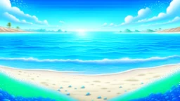 fantasy illustration pacific ocean blue color, sandy lagoon with small shells on the beach