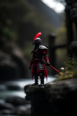 portrait of black knight with red feather on stone bridge in mountain pass in forest,shot on Hasselblad h6d-400c, zeiss prime lens, bokeh like f/0.8, tilt-shift lens 8k, high detail, smooth render, down-light, unreal engine, prize winning