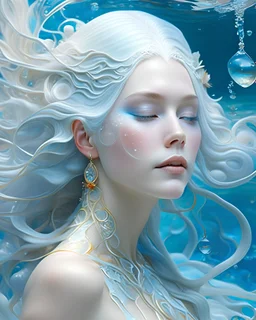 portrait d'une femme à la peau translucide. Ses veines apparaissent sous sa peau. Ses cheveux bleu pâle flottent comme sous l'eau. Elle porte des ornements végétales.
