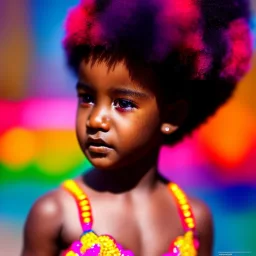 full body shot, masterpiece, best quality, child, dark skinned, sparkling eyes, fluorescent skin, colorful makeup, afro, highly detailed body, sun light, 4K, RAW, depth of field, high contrast, realistic details, 24mm