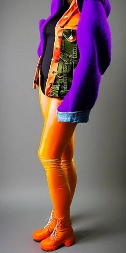 Bright-color-haired woman.fit,slim but thick thighs,thick calves,flat belly,bent fell, thin. Mantle is sewed of upcycled Denim and sewed together of camouflage pieces. Pieces' color are orange, cream and purple. Cream latex gaiters.It is with big bright purple felt tippet and cream-colored-hood. mantle has a hood. Big AKG-style headphones (gold rings!) is merged with small felt cap with small visor. Style: Haute Couture in 1920's, N.Y.C fashion in 1996, inspired by street art.