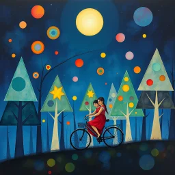 create a poetic dreamlike painting in the style of Marc Chagall, geometric family of father, mother, and baby riding a bicycle through a magical night forest, glowing triangular trees and colorful circles floating like stars, large luminous moon overhead, painterly textures with deep blues and purples, surreal and emotional atmosphere --ar 16:9 --v 7 --style 4b --q 2