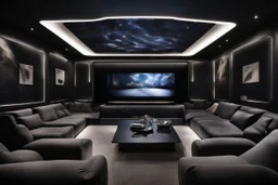 a black themed dedicated home cinema room with LED ambient lighting in the walls make sure the room is completely symmetrical