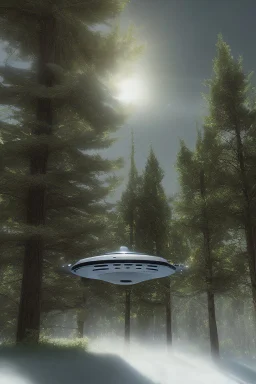 A photorealistic render of a ufo flying over school near pine trees as kids run up to it in wonder