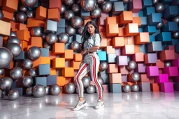 beautiful lady with todays modern clothing and sport shoes, in surreal stage made of fractal random size spheres with helical strip colors in clothing similar to environment full body posing to camera,animating background metallic random color cubes