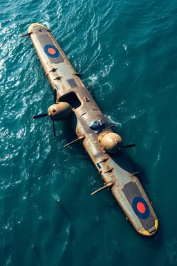 A military 2engine old airplane from II world war crashed in the ocean , sharks and fish around the plane deep in the water.