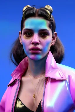 Ultra Realistic image, Rosalía artist, portrait, normal complexion, waist up portrait, two monkeys hair ,black eye long line, sweet face, t-shirt with holes, inflatable open coat, gold pink and blue style, spray glow make up, geometric led jewelry, fog, hot, inflatable style latex coat, vibrant color, highly detailed, art stations, concept art, smooth, unreal engine 5, god rays, ray tracing, RTX, lumen lighting, ultra detail, volumetric lighting, 3d, finely drawn, high definition.