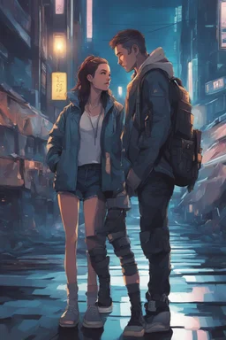 Science fiction, cyberpunk, city street, couple girl and guy, together, love at first sight, summer night