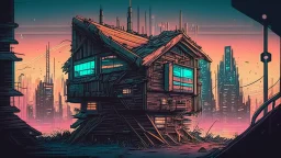 small Wooden Cabin, In cyberpunk city-skyline, comic style